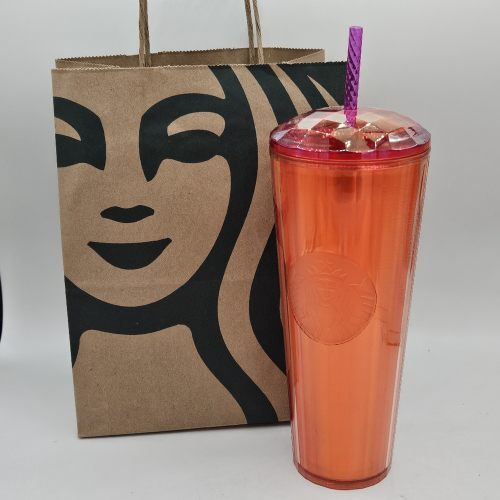 Starbucks orange / pink dome tumbler 24 ounce coffee cup